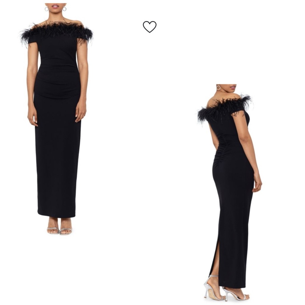 XSCAPE
Scuba Knit Feather Off Shoulder Gown size 10